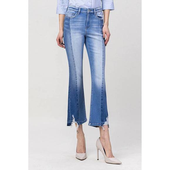 FLYING MONKEY Pants - NEW FLYING MONKEY high rise contrast kick crop flare in blue denim